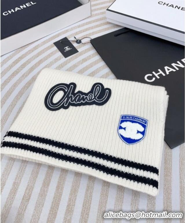 Grade Quality Chanel Cashmere Knit Long Scarf 30x180cm with Charm 1128 White 2024