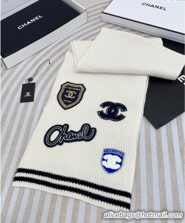 Grade Quality Chanel Cashmere Knit Long Scarf 30x180cm with Charm 1128 White 2024