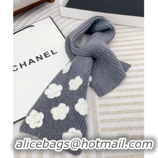 Promotional Chanel Wool Cashmere Knit Long Scarf 21x95cm with Camellia Bloom 1128 Grey 2024