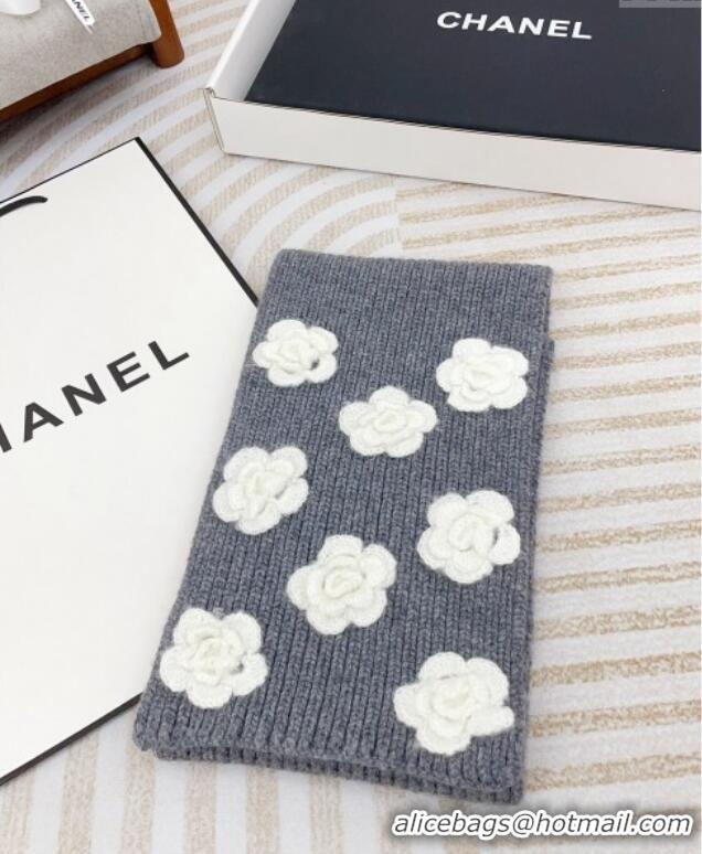 Promotional Chanel Wool Cashmere Knit Long Scarf 21x95cm with Camellia Bloom 1128 Grey 2024