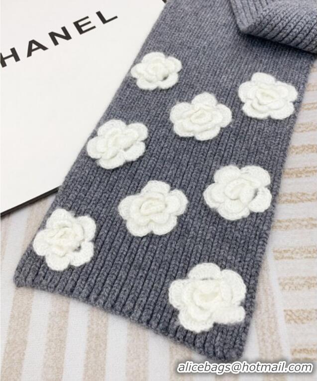 Promotional Chanel Wool Cashmere Knit Long Scarf 21x95cm with Camellia Bloom 1128 Grey 2024