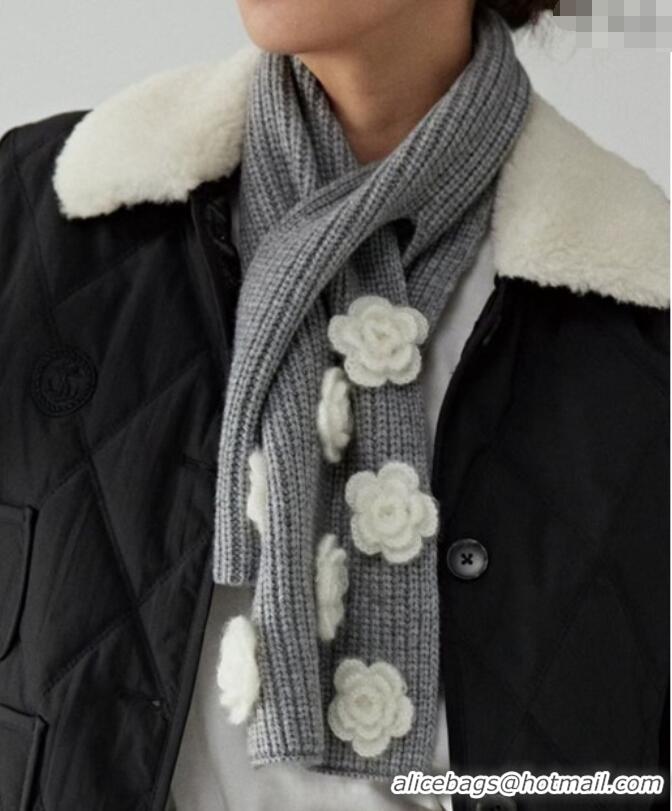 Promotional Chanel Wool Cashmere Knit Long Scarf 21x95cm with Camellia Bloom 1128 Grey 2024