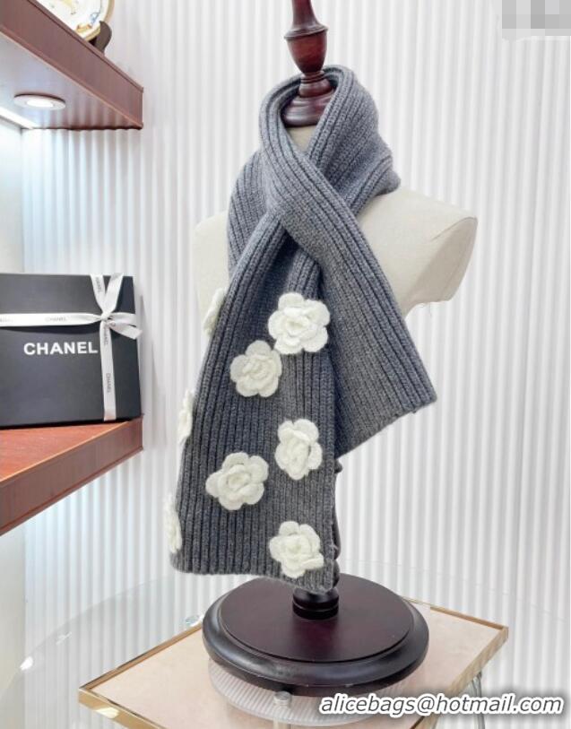 Promotional Chanel Wool Cashmere Knit Long Scarf 21x95cm with Camellia Bloom 1128 Grey 2024