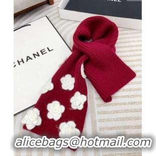 Top Design Chanel Wool Cashmere Knit Long Scarf 21x95cm with Camellia Bloom 1128 Red 2024