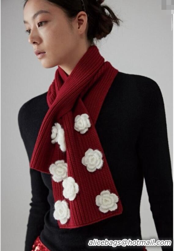 Top Design Chanel Wool Cashmere Knit Long Scarf 21x95cm with Camellia Bloom 1128 Red 2024