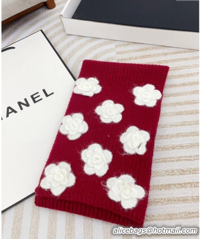 Top Design Chanel Wool Cashmere Knit Long Scarf 21x95cm with Camellia Bloom 1128 Red 2024