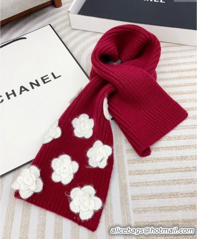 Top Design Chanel Wool Cashmere Knit Long Scarf 21x95cm with Camellia Bloom 1128 Red 2024