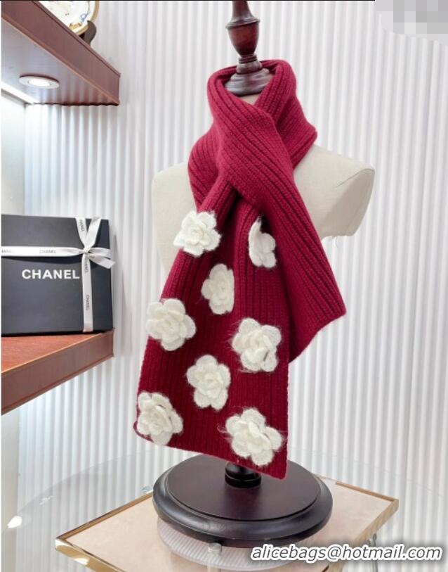 Top Design Chanel Wool Cashmere Knit Long Scarf 21x95cm with Camellia Bloom 1128 Red 2024