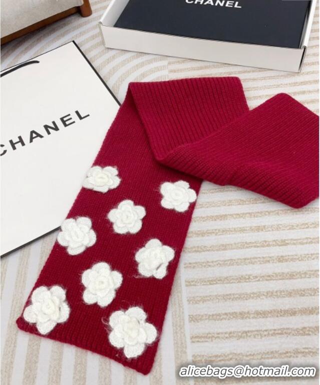 Top Design Chanel Wool Cashmere Knit Long Scarf 21x95cm with Camellia Bloom 1128 Red 2024