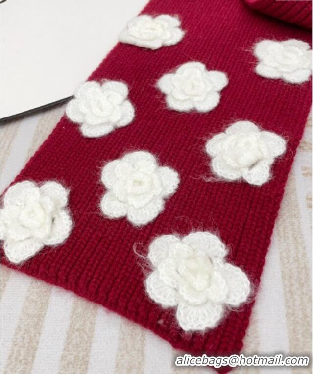 Top Design Chanel Wool Cashmere Knit Long Scarf 21x95cm with Camellia Bloom 1128 Red 2024