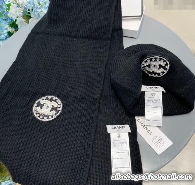 Grade Promotional Chanel Knit Scarf and Hat Set 1129 Black 2024