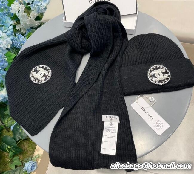 Grade Promotional Chanel Knit Scarf and Hat Set 1129 Black 2024