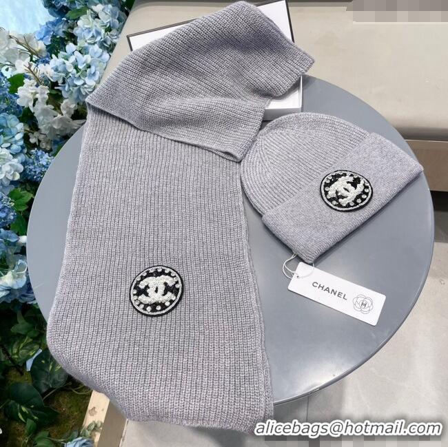 Top Grade Chanel Knit Scarf and Hat Set 1129 Grey 2024