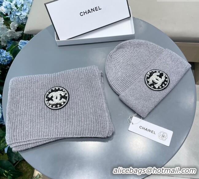 Top Grade Chanel Knit Scarf and Hat Set 1129 Grey 2024