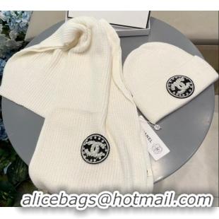 Classic Grade Chanel Knit Scarf and Hat Set 1129 White 2024