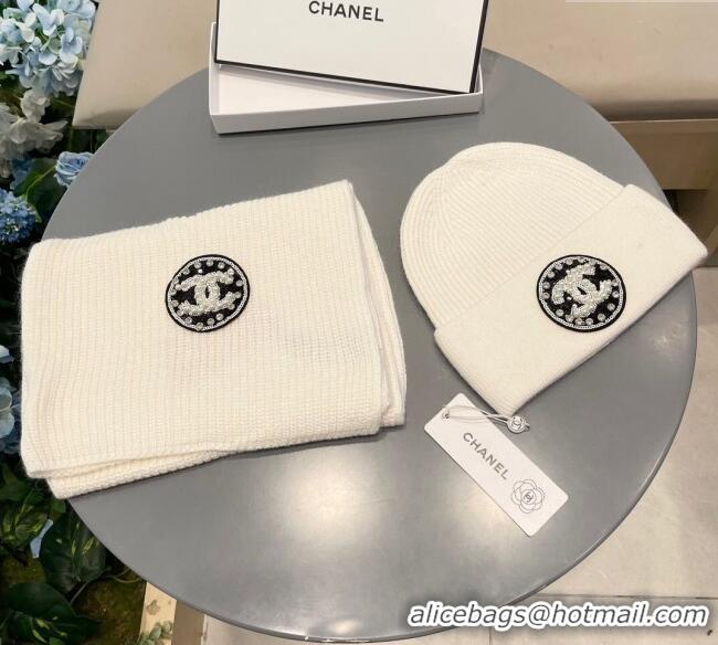 Classic Grade Chanel Knit Scarf and Hat Set 1129 White 2024