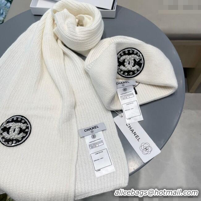 Classic Grade Chanel Knit Scarf and Hat Set 1129 White 2024