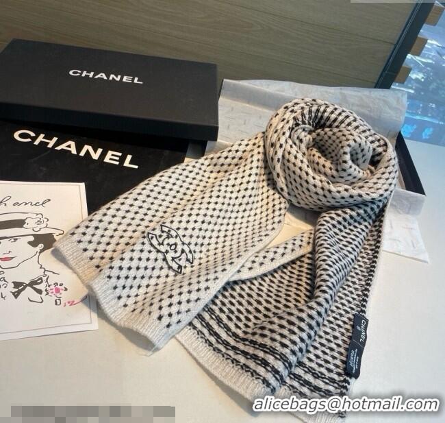 Well Crafted Chanel Cashmere Houndstooth Knit Long Scarf 35x180cm 0115 White 2025