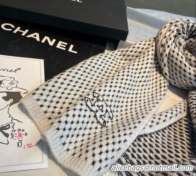 Well Crafted Chanel Cashmere Houndstooth Knit Long Scarf 35x180cm 0115 White 2025