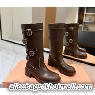 Popular Style Miu Miu Bleached High Boots with Buckle Strap Dark Brown 1228071