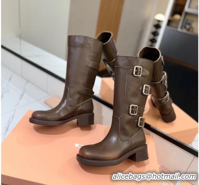 Popular Style Miu Miu Bleached High Boots with Buckle Strap Dark Brown 1228071