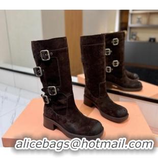 Top Grade Miu Miu Suede High Boots with Buckle Strap Dark Brown 1228072