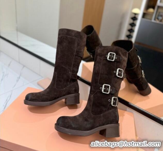 Top Grade Miu Miu Suede High Boots with Buckle Strap Dark Brown 1228072