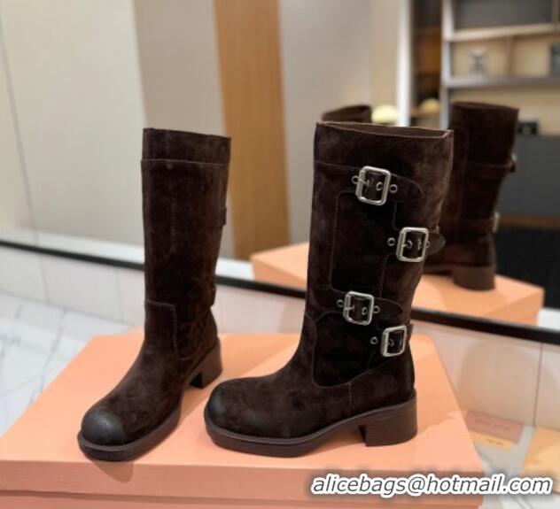 Top Grade Miu Miu Suede High Boots with Buckle Strap Dark Brown 1228072