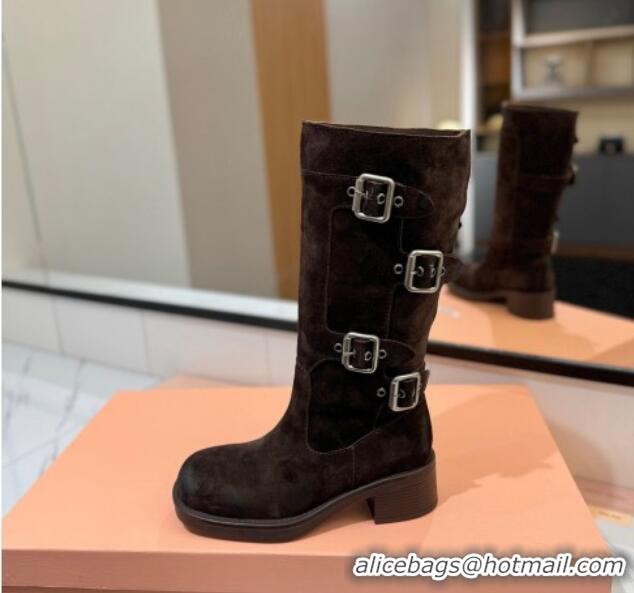 Top Grade Miu Miu Suede High Boots with Buckle Strap Dark Brown 1228072