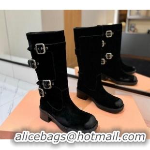 Top Design Miu Miu Suede High Boots with Buckle Strap Black 1228073