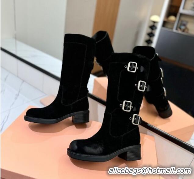 Top Design Miu Miu Suede High Boots with Buckle Strap Black 1228073