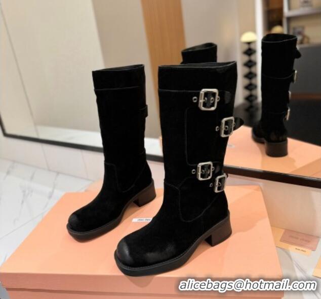 Top Design Miu Miu Suede High Boots with Buckle Strap Black 1228073