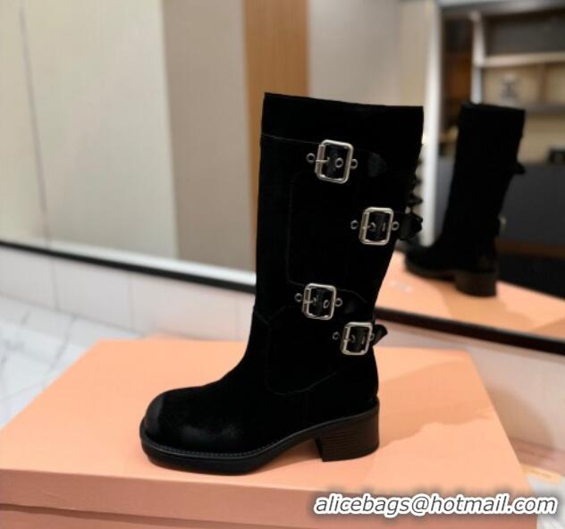 Top Design Miu Miu Suede High Boots with Buckle Strap Black 1228073