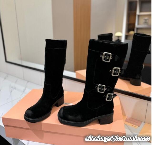 Top Design Miu Miu Suede High Boots with Buckle Strap Black 1228073