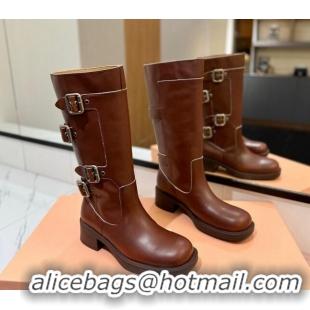 Best Product Miu Miu Bleached Leather High Boots with Buckle Strap Sienna Brown 1228074