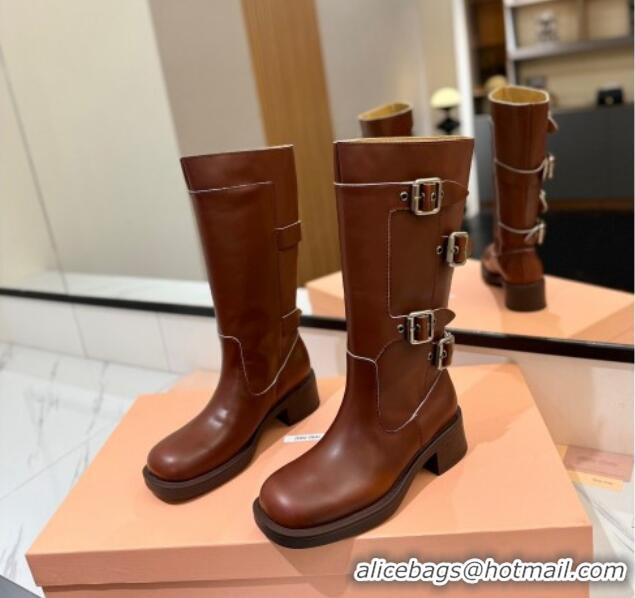 Best Product Miu Miu Bleached Leather High Boots with Buckle Strap Sienna Brown 1228074