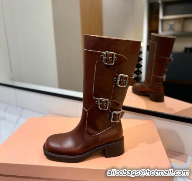 Best Product Miu Miu Bleached Leather High Boots with Buckle Strap Sienna Brown 1228074