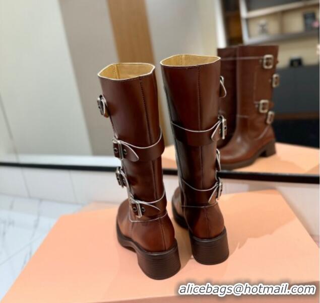 Best Product Miu Miu Bleached Leather High Boots with Buckle Strap Sienna Brown 1228074