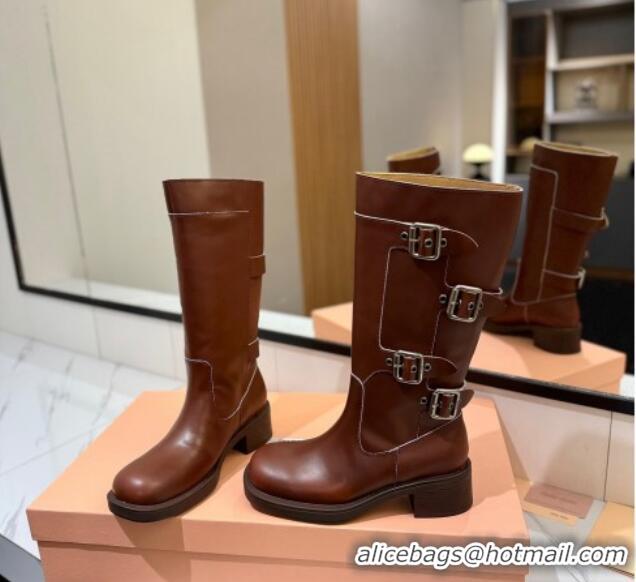 Best Product Miu Miu Bleached Leather High Boots with Buckle Strap Sienna Brown 1228074