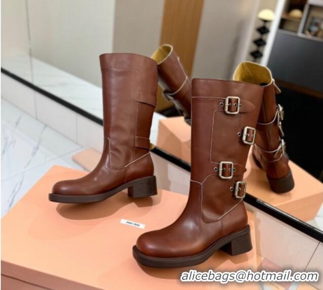 Best Product Miu Miu Bleached Leather High Boots with Buckle Strap Sienna Brown 1228074