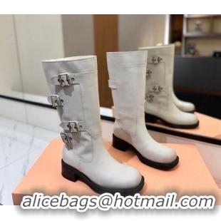 Best Price Miu Miu Bleached Leather High Boots with Buckle Strap White 1228075