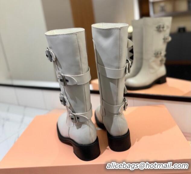 Best Price Miu Miu Bleached Leather High Boots with Buckle Strap White 1228075