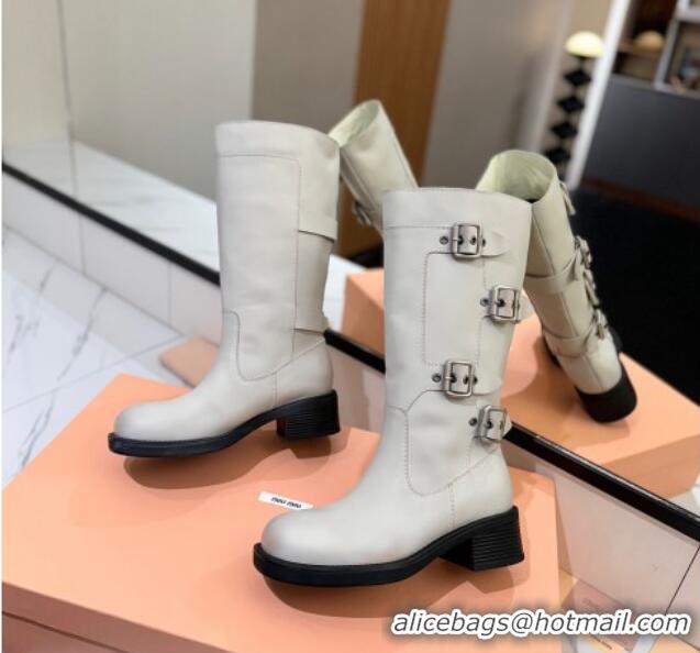 Best Price Miu Miu Bleached Leather High Boots with Buckle Strap White 1228075