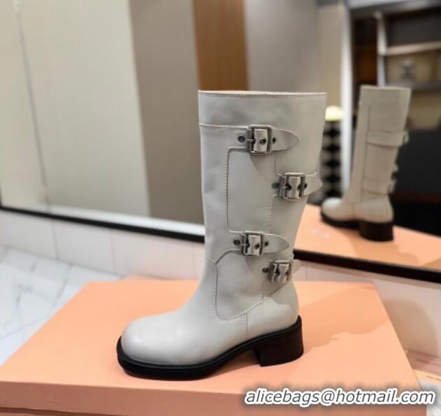 Best Price Miu Miu Bleached Leather High Boots with Buckle Strap White 1228075