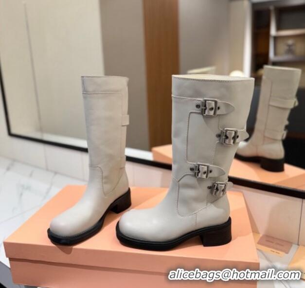 Best Price Miu Miu Bleached Leather High Boots with Buckle Strap White 1228075