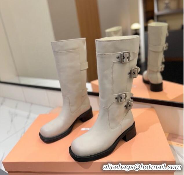 Best Price Miu Miu Bleached Leather High Boots with Buckle Strap White 1228075