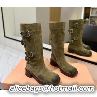 Unique Style Miu Miu Suede High Boots with Buckle Strap Green 1228076