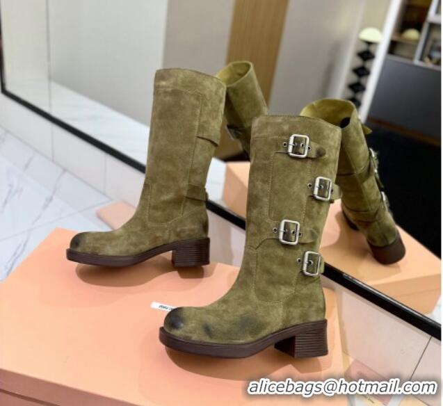 Unique Style Miu Miu Suede High Boots with Buckle Strap Green 1228076