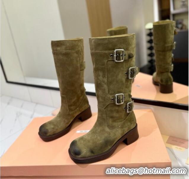 Unique Style Miu Miu Suede High Boots with Buckle Strap Green 1228076