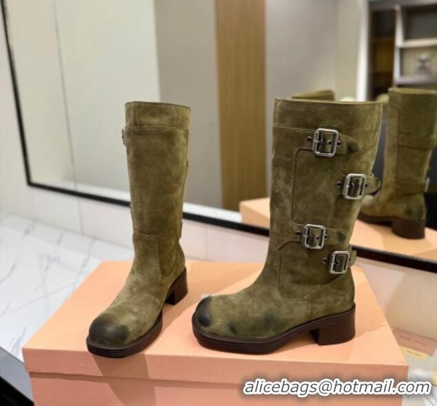 Unique Style Miu Miu Suede High Boots with Buckle Strap Green 1228076